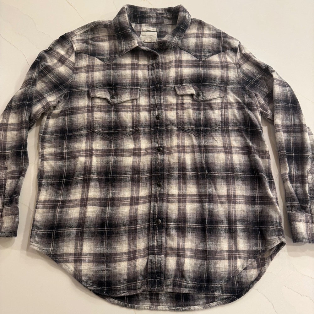 American Eagle Oversized Flannel Shirt Medium Black White Plaid Cotton Western